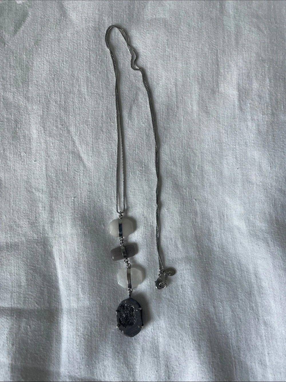 LOFT Silver-Tone Druzy Pendant Necklace with Gray and White Beads